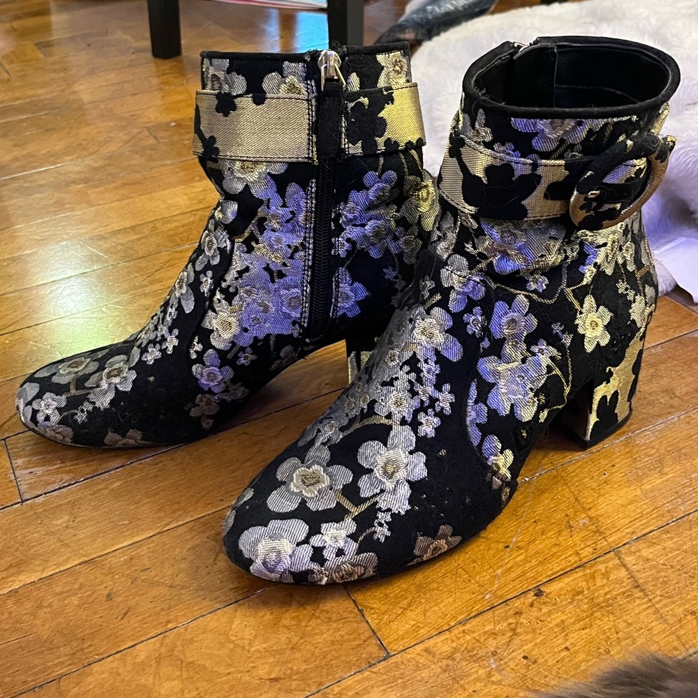 Brocade chunky heel booties, black, gold